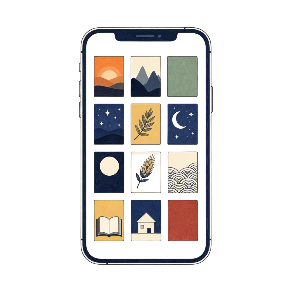 Illustration of the Shelfmade app on a phone showing a colorful library of book covers